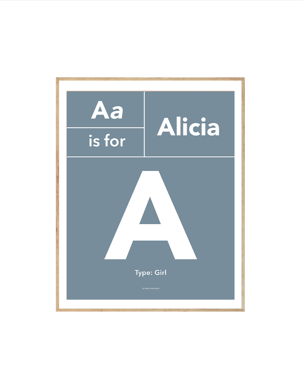 Personalised Typo Initial Avenir print featuring a child's initial in a stylish design, perfect for nursery or bedroom decor.