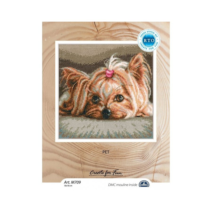 Pet M709 Counted Cross Stitch Kit featuring white Aida canvas, 23 vibrant cotton threads, and included needle and instructions.