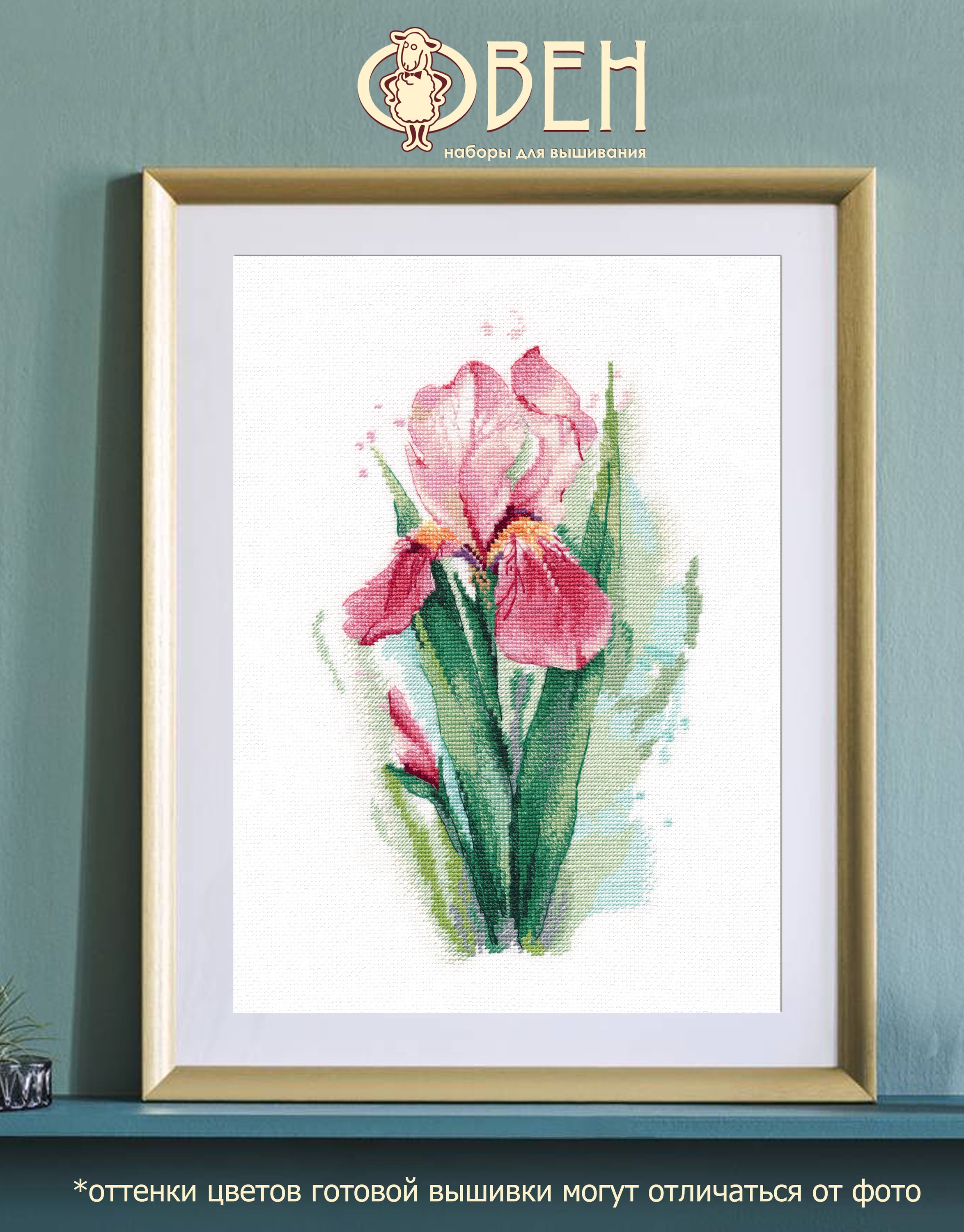 Pink Iris 1424 Counted Cross Stitch Kit featuring vibrant threads and Zweigart canvas.