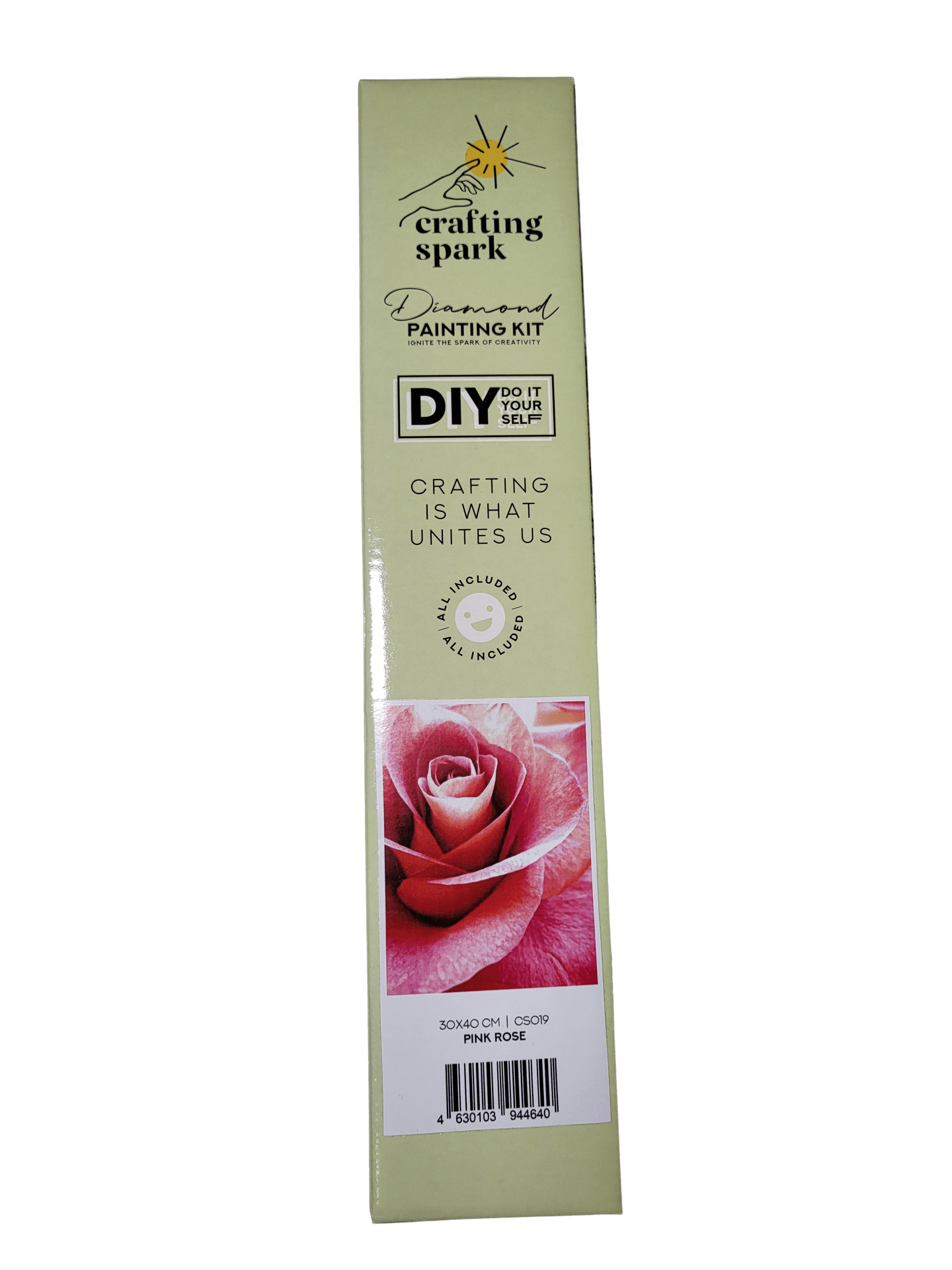 Pink Rose CS019 diamond painting kit featuring a self-adhesive canvas, square acrylic diamonds, and essential crafting tools.