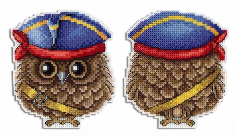 Pirate SR-341 Plastic Canvas Counted Cross Stitch Kit featuring colorful threads, beads, and plastic canvas for crafting a Pirate Owl.