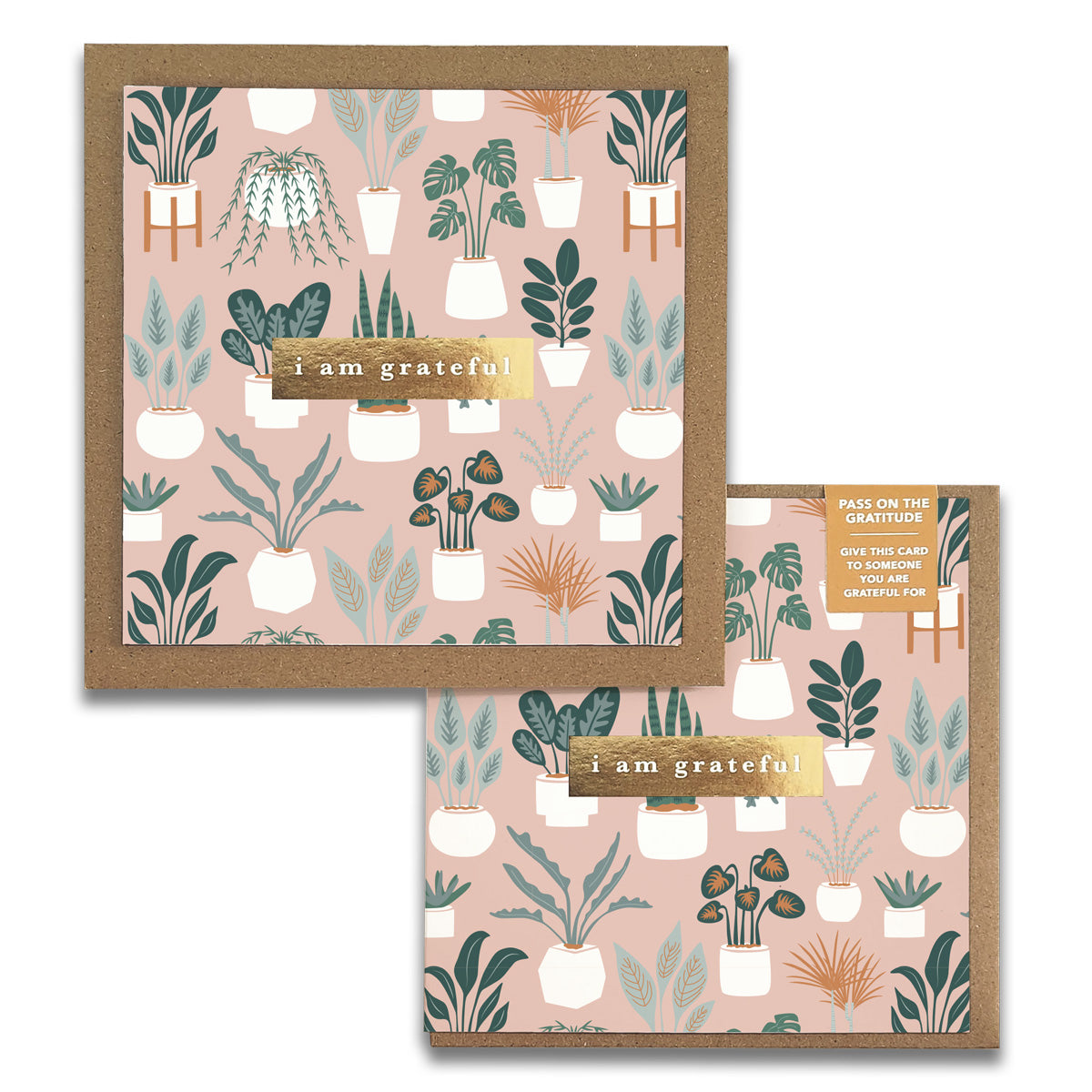 A set of Plant Lover Gratitude Greeting Cards featuring gold foil stamped designs and kraft envelopes, beautifully crafted for spreading positivity.