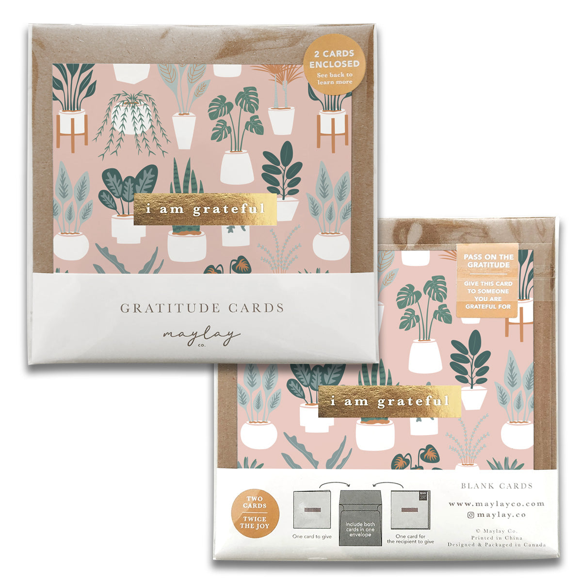 A set of Plant Lover Gratitude Greeting Cards featuring gold foil stamped designs and kraft envelopes, beautifully crafted for spreading positivity.