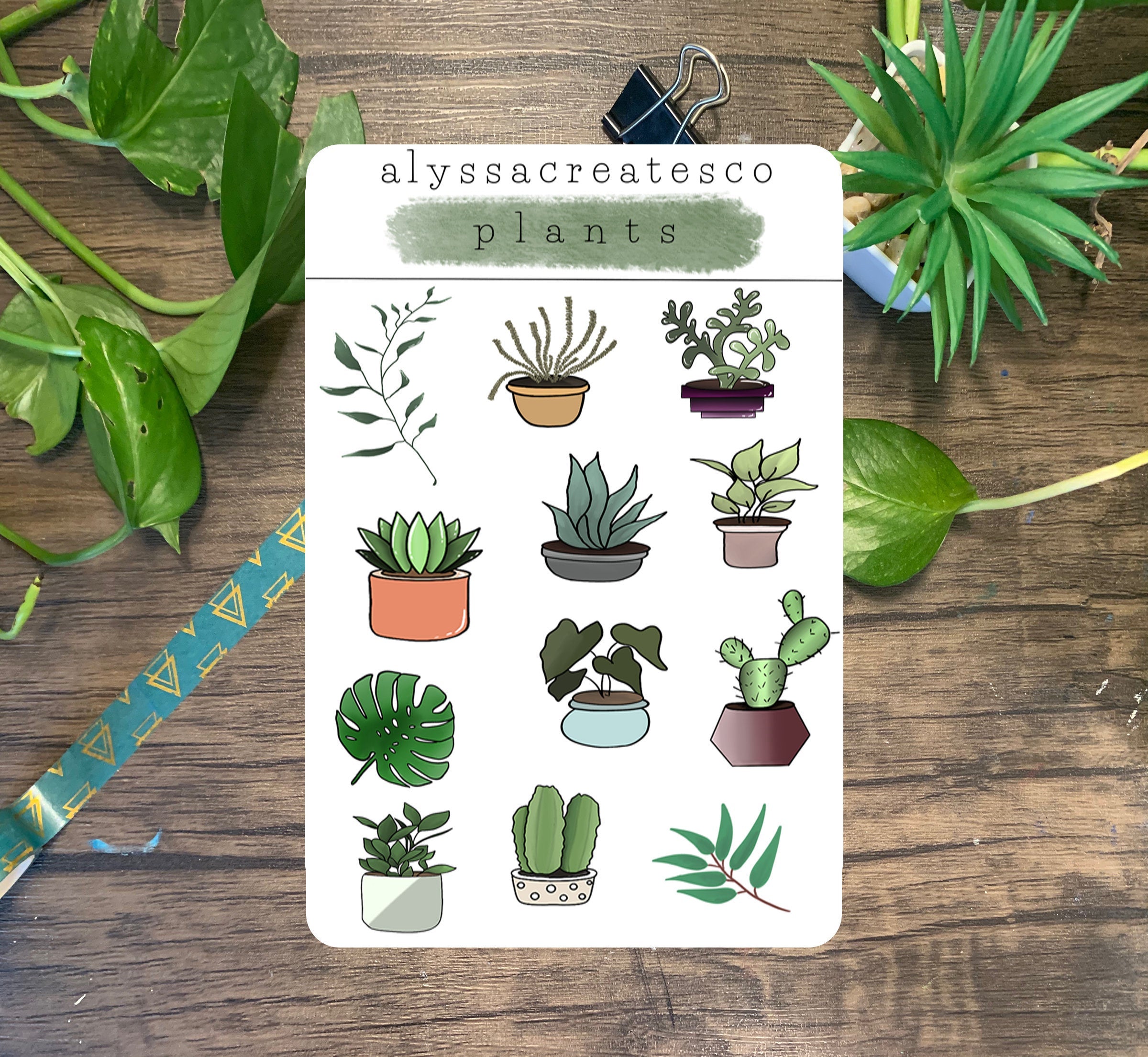 A colorful sticker sheet featuring 12 cute plant designs, perfect for decorating planners and journals.