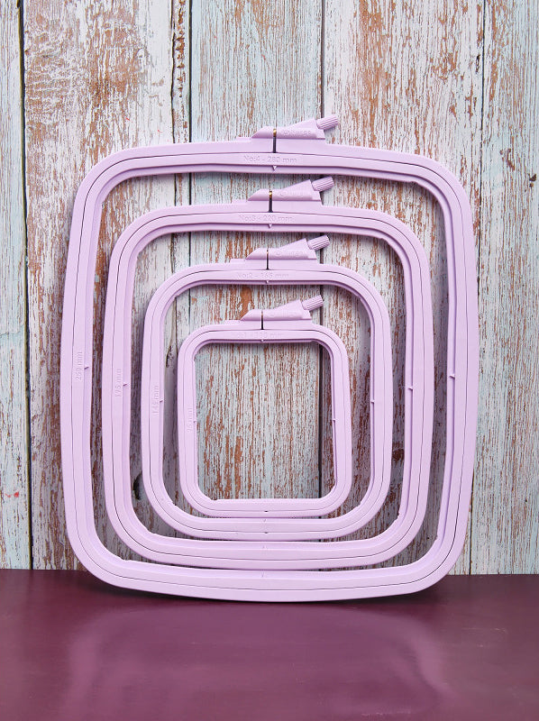 Nurge 170-12 Pastel Lilac Square Hoop, measuring 145mm x 165mm, designed for embroidery and needlecraft with a notch and groove mechanism.