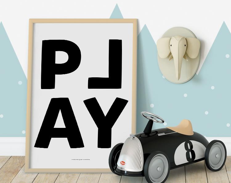 Play (Noir) print featuring stylish design for children's decor, showcasing high-quality printing and vibrant colors.
