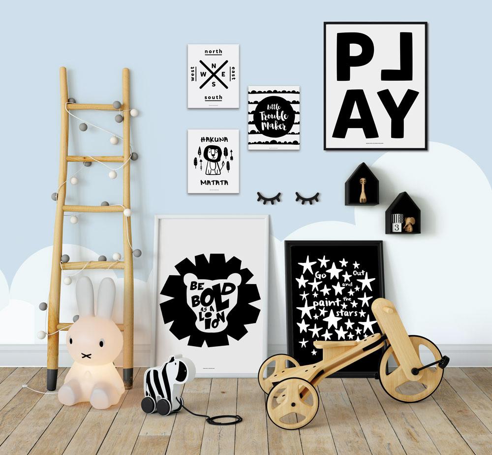 Play (Noir) print featuring stylish design for children's decor, showcasing high-quality printing and vibrant colors.