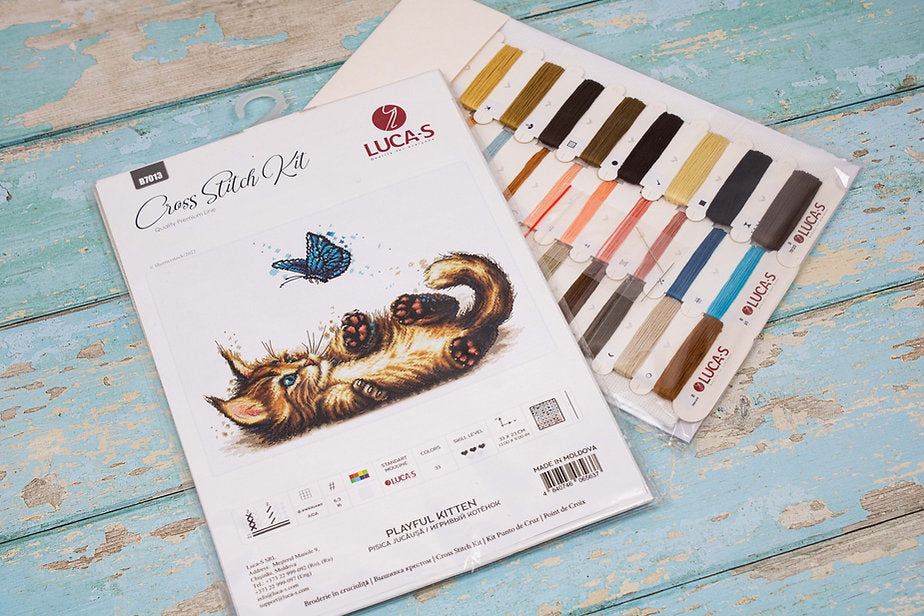 Playful Kitten B7013L Counted Cross-Stitch Kit featuring colorful threads, Aida canvas, and a needle.