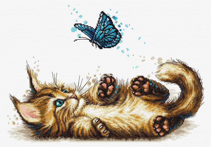 Playful Kitten B7013L Counted Cross-Stitch Kit featuring colorful threads, Aida canvas, and a needle.