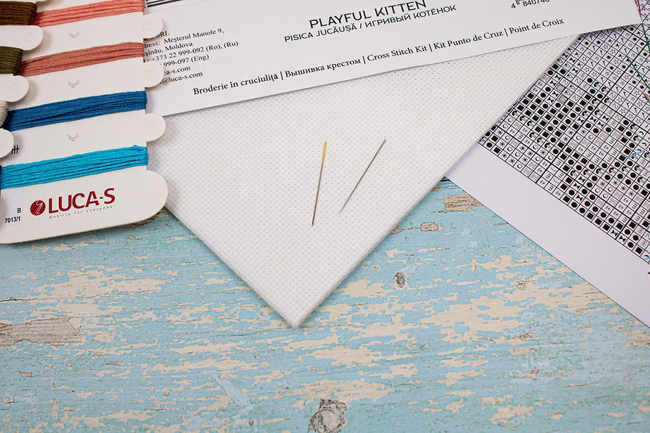 Playful Kitten B7013L Counted Cross-Stitch Kit featuring colorful threads, Aida canvas, and a needle.