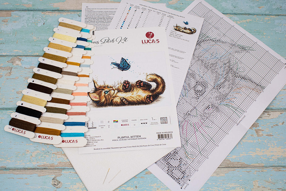 Playful Kitten B7013L Counted Cross-Stitch Kit featuring colorful threads, Aida canvas, and a needle.