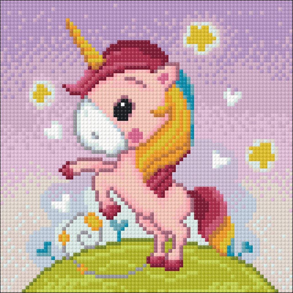 Playful Unicorn Crafting Spark Diamond kit with colorful acrylic diamonds and tools on a self-adhesive canvas.