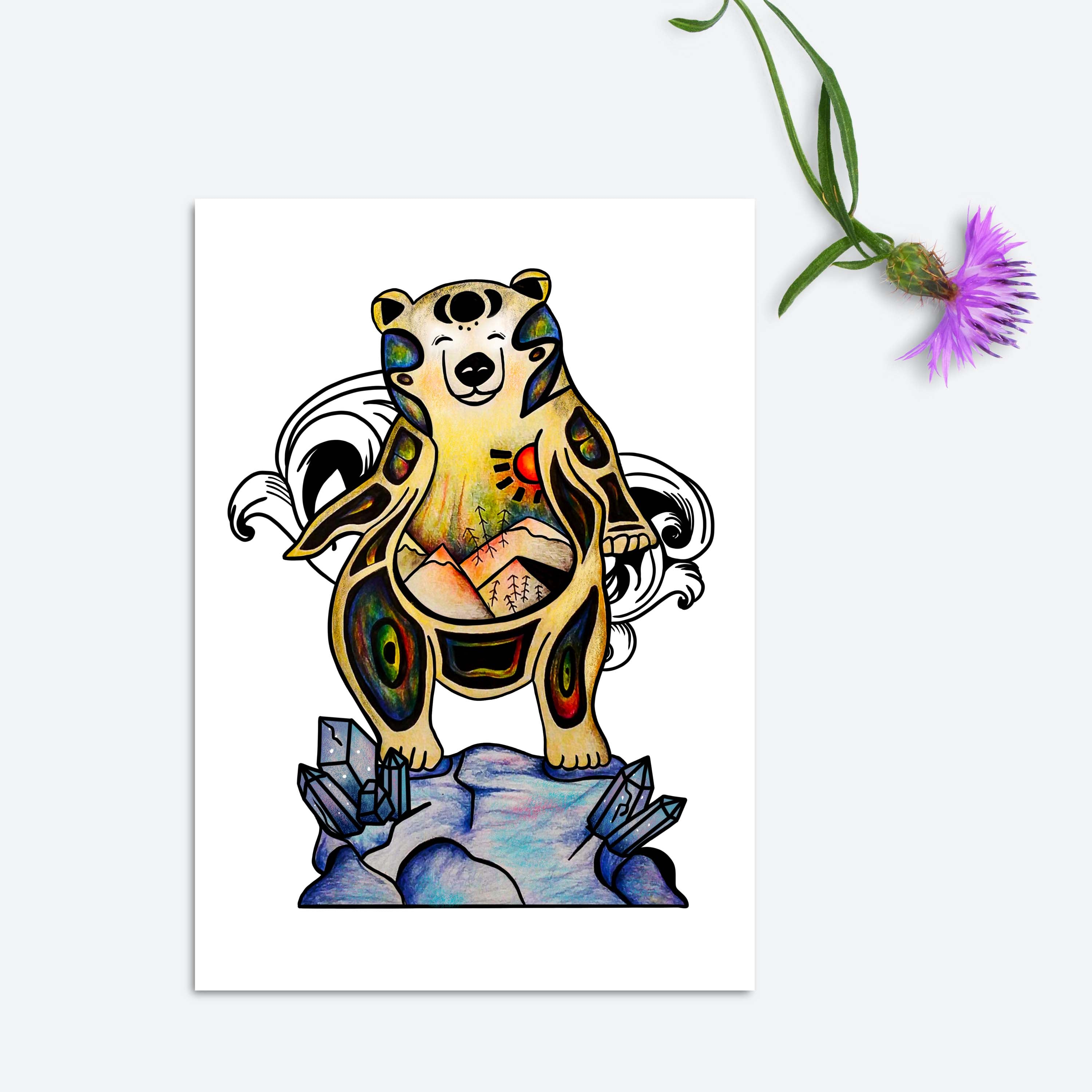 Polar Bear and Crystal Art Print titled Wilfred, 2022, showcasing vibrant colors and intricate details on high-quality matte paper.