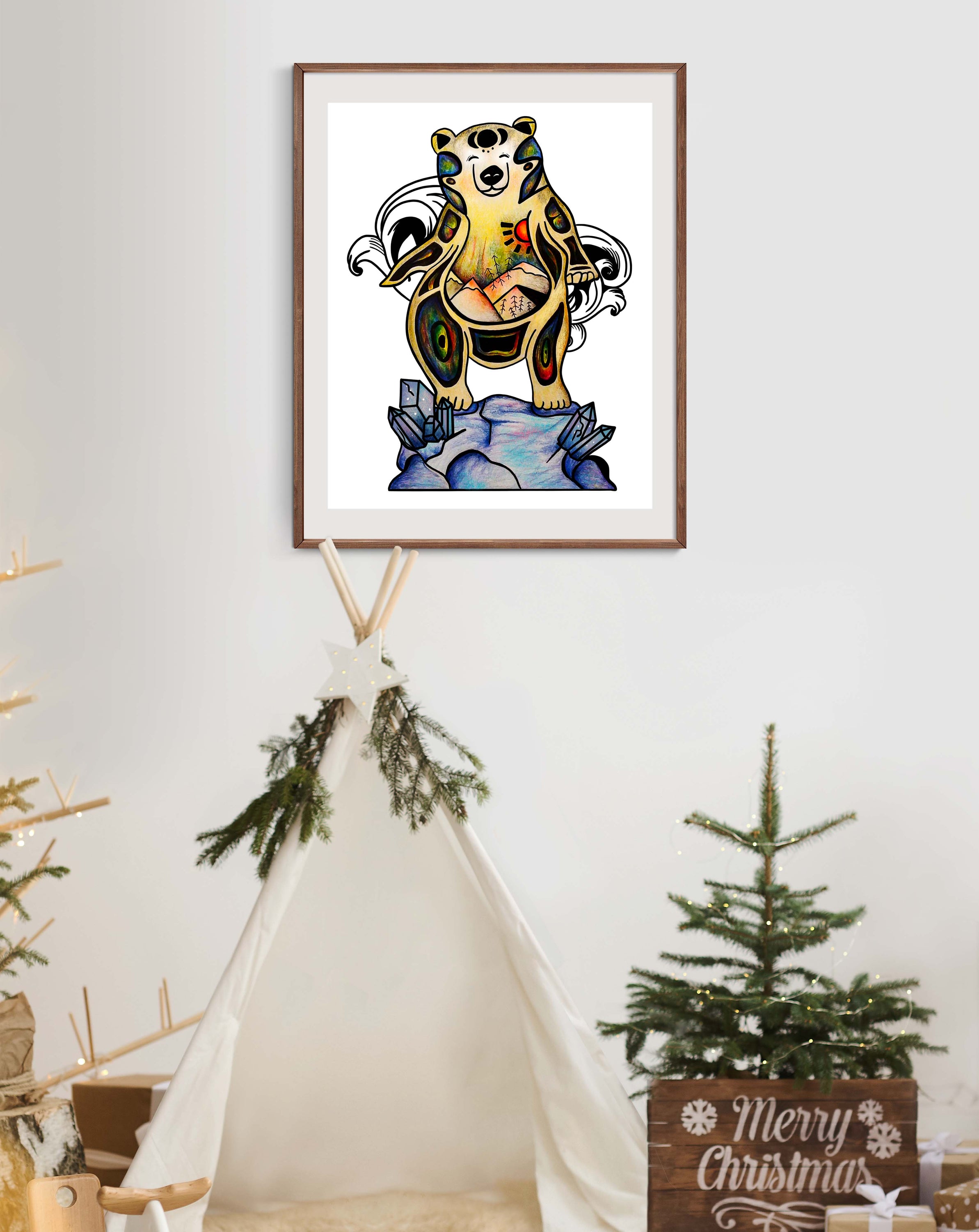 Polar Bear and Crystal Art Print titled Wilfred, 2022, showcasing vibrant colors and intricate details on high-quality matte paper.