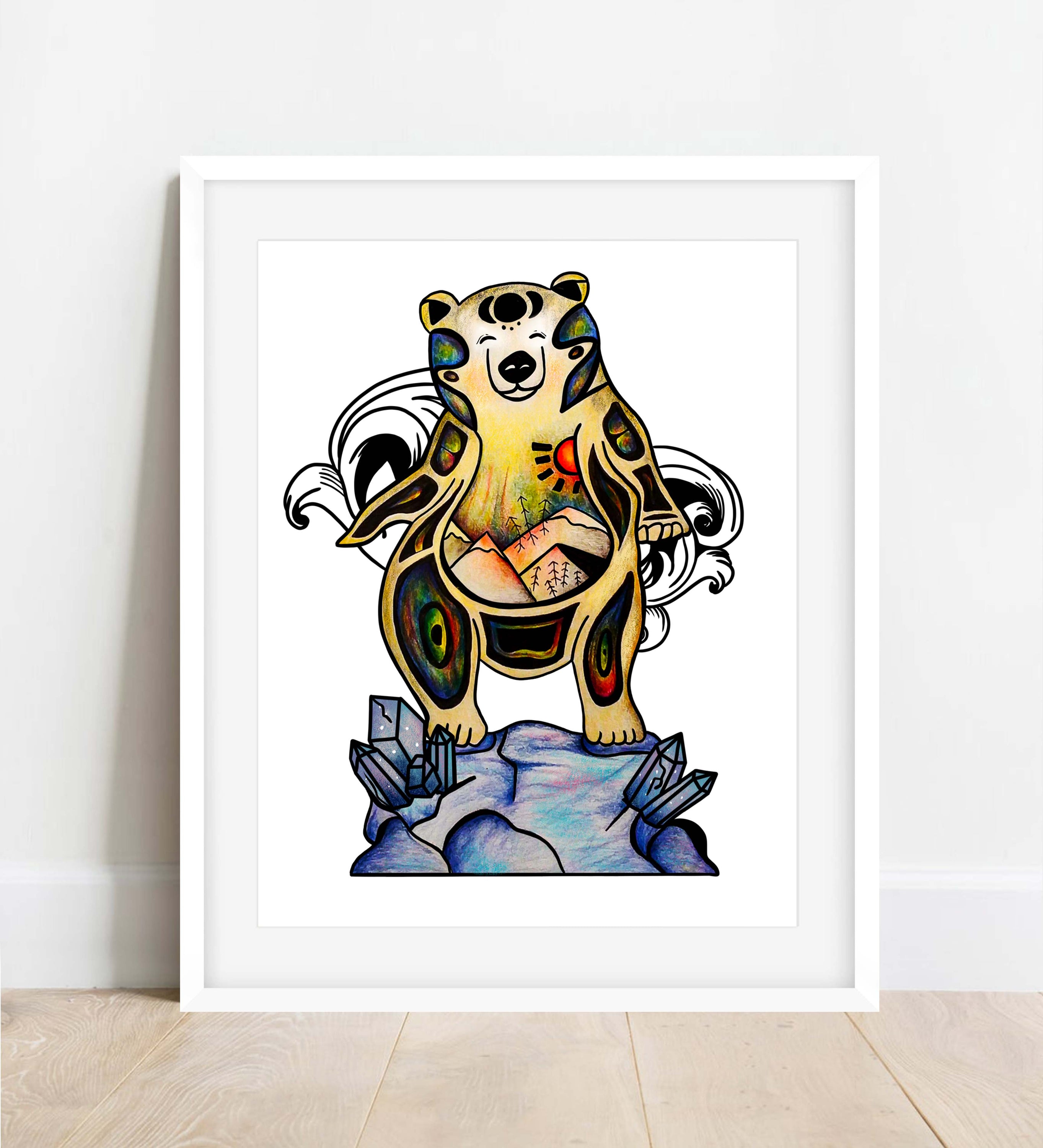 Polar Bear and Crystal Art Print titled Wilfred, 2022, showcasing vibrant colors and intricate details on high-quality matte paper.