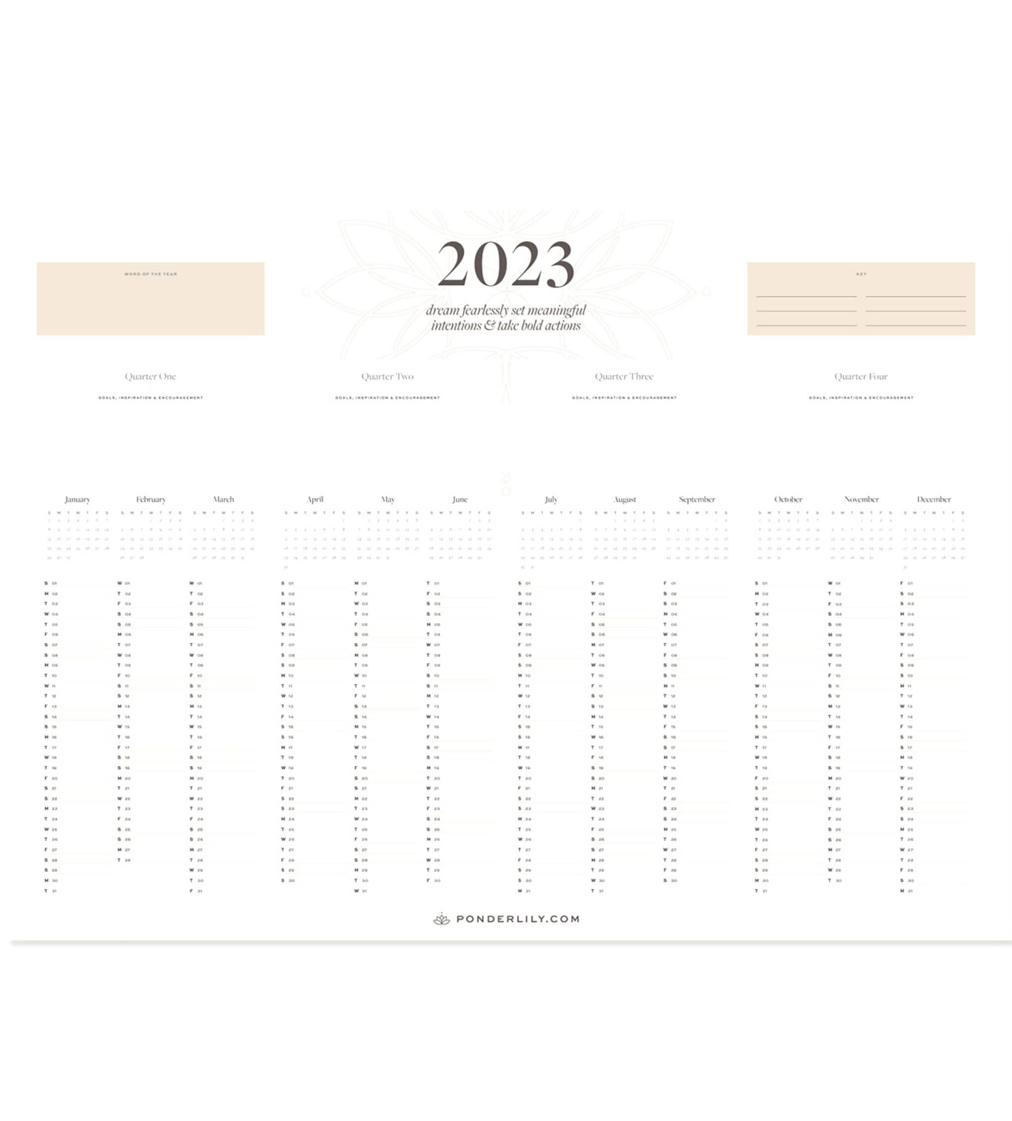 Ponderlily Wall Calendar 2023 featuring a colorful design with space for monthly planning and personal goals.