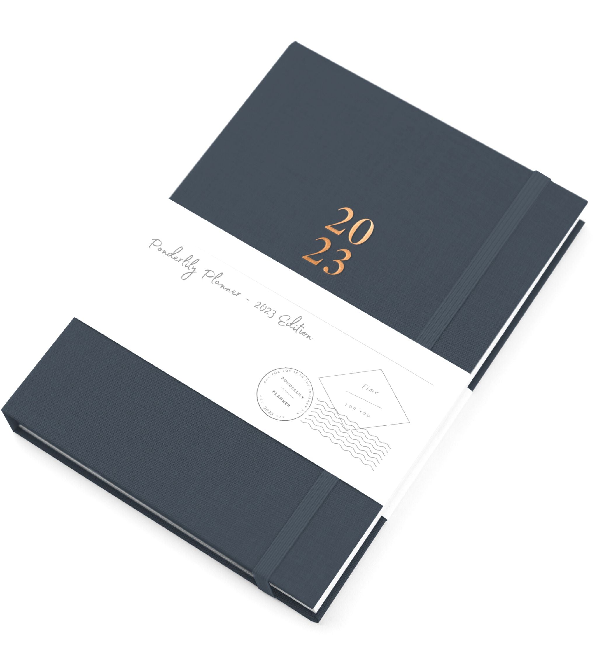 Ponderlily Weekly Planner 2023 in Midnight Blue with copper foil lettering, showcasing its elegant design and eco-friendly materials.