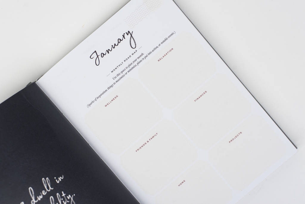 Ponderlily Weekly Planner 2023 in olive green with fabric cover, featuring inspirational quotes and organized sections for goals and notes.