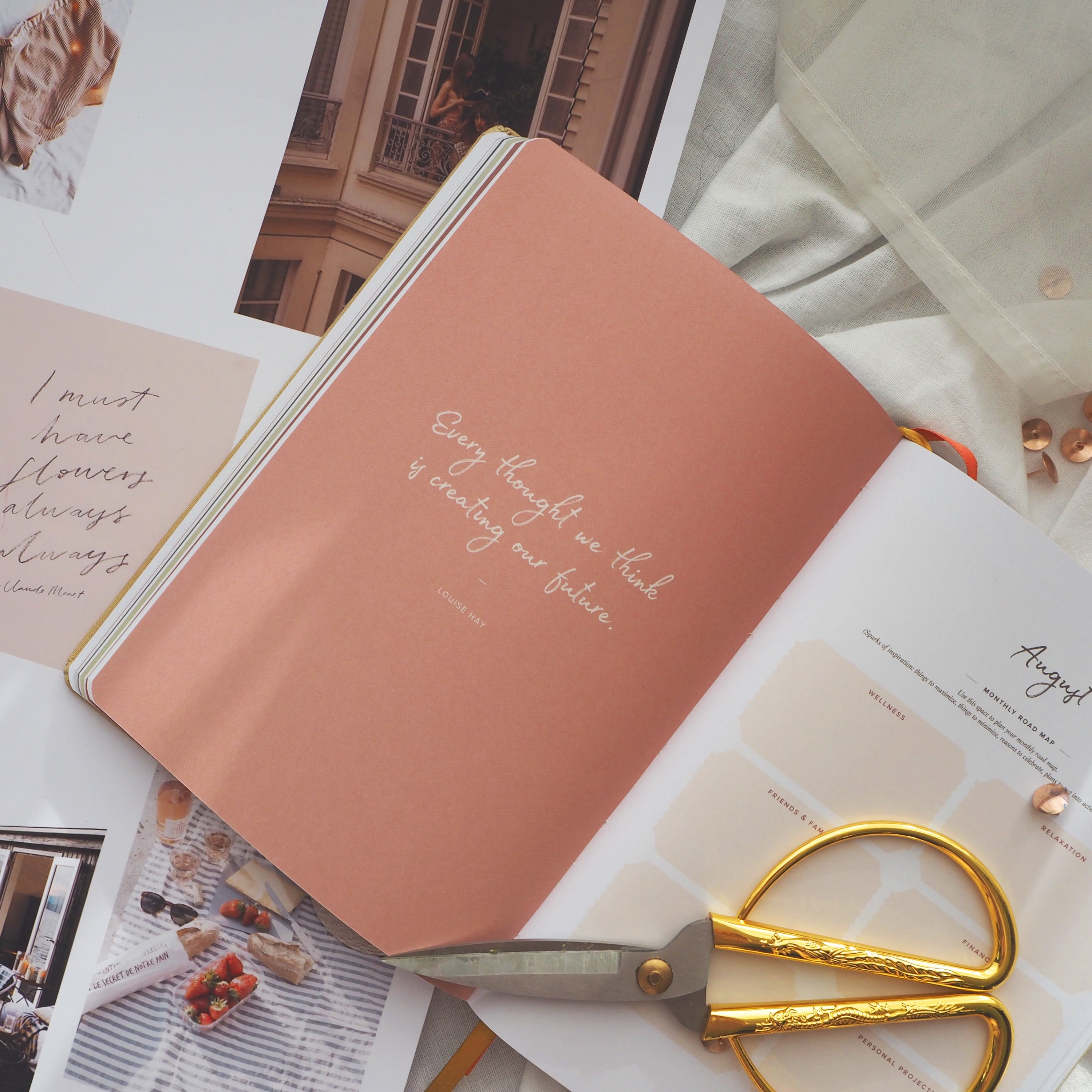 Ponderlily Weekly Planner 2023 in olive green with fabric cover, featuring inspirational quotes and organized sections for goals and notes.