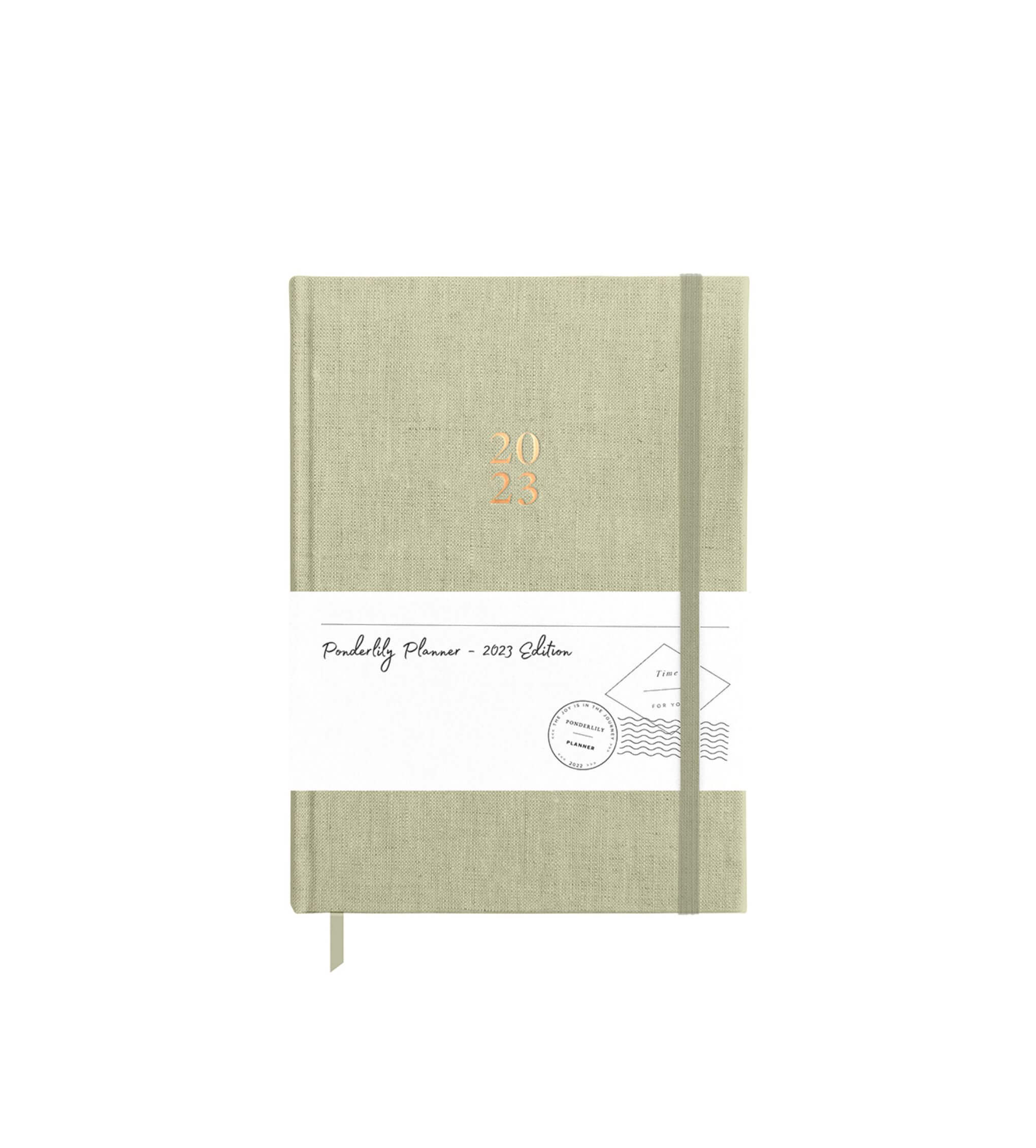 Ponderlily® Weekly Planner 2023 in Sage with soft fabric cover and foiled copper lettering, showcasing its elegant design.