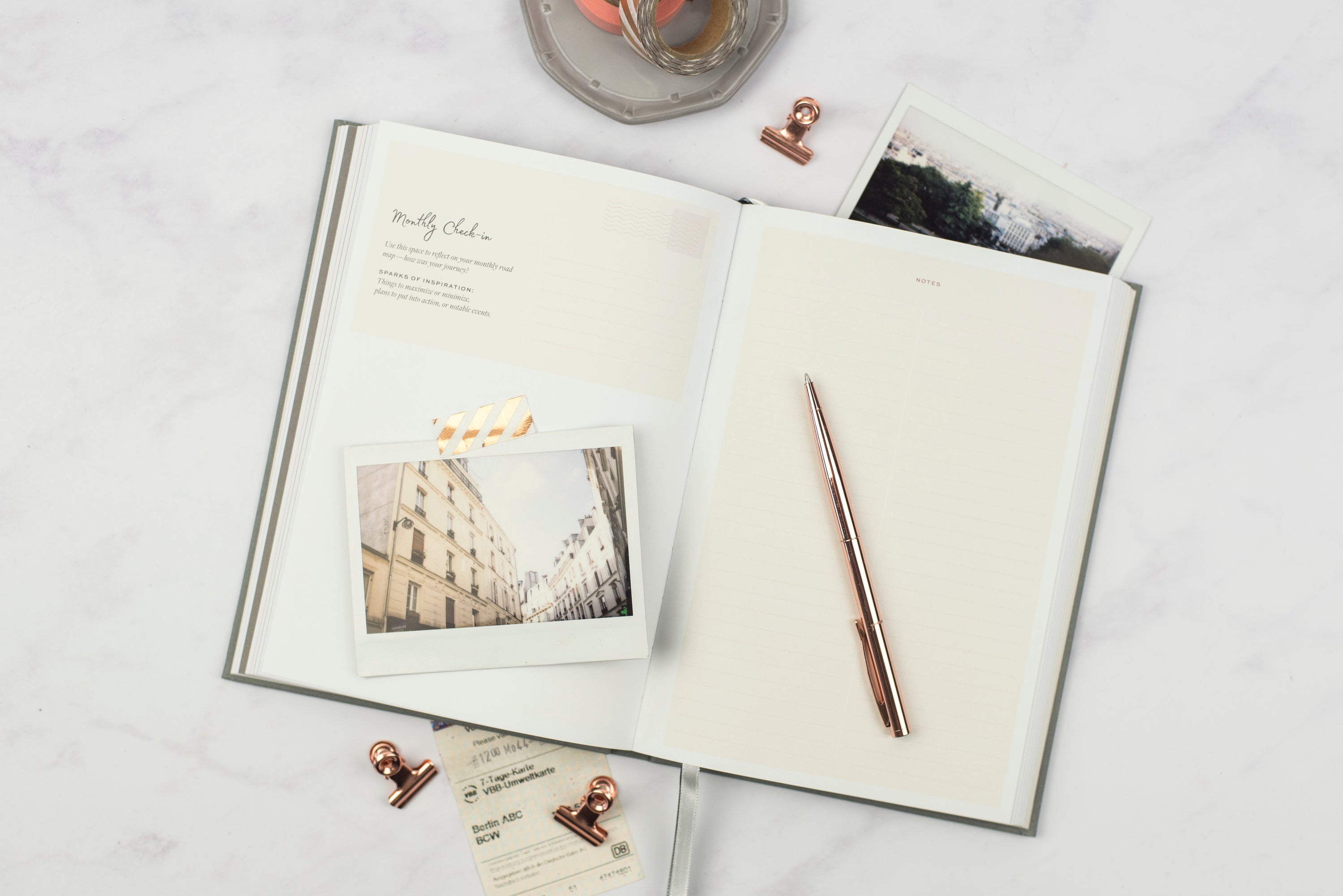 Ponderlily® Weekly Planner 2023 in Sage with soft fabric cover and foiled copper lettering, showcasing its elegant design.