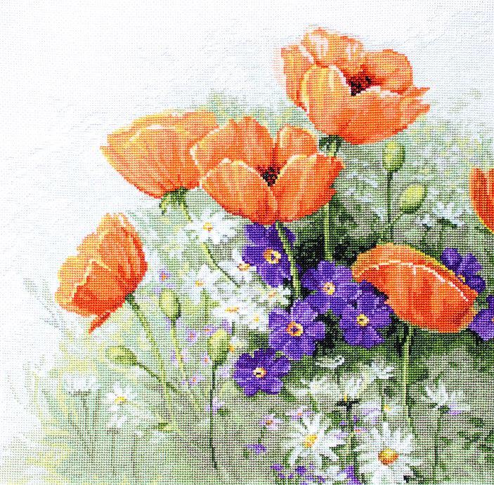 Poppies B2368L Counted Cross-Stitch Kit featuring vibrant colors and Aida canvas.