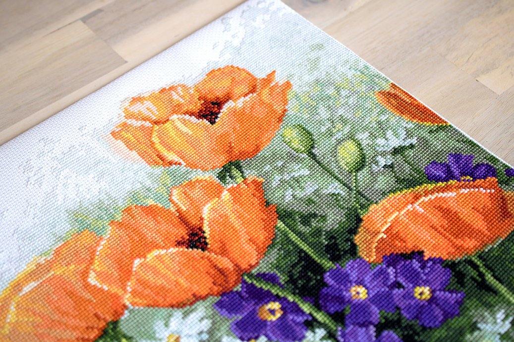 Poppies B2368L Counted Cross-Stitch Kit featuring vibrant colors and Aida canvas.