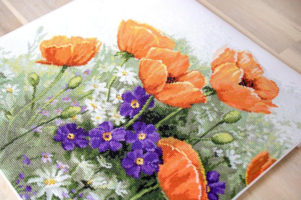 Poppies B2368L Counted Cross-Stitch Kit featuring vibrant colors and Aida canvas.
