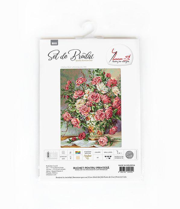 Posies for the Princess B603L Counted Cross-Stitch Kit featuring Aida canvas, colorful threads, and needle for crafting.