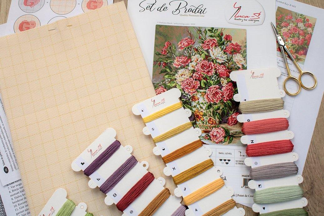 Posies for the Princess B603L Counted Cross-Stitch Kit featuring Aida canvas, colorful threads, and needle for crafting.