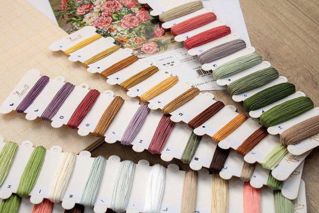 Posies for the Princess B603L Counted Cross-Stitch Kit featuring Aida canvas, colorful threads, and needle for crafting.