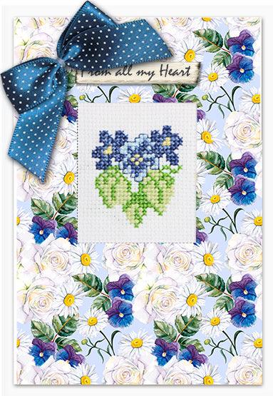 Post Card SP-42L Blue Pansies Counted Cross-Stitch Kit featuring vibrant blue pansies design with included materials.
