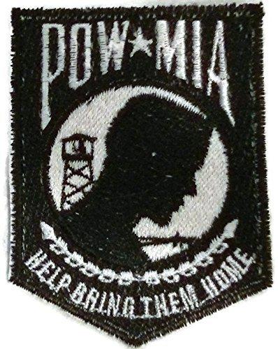 Pow Mia embroidered patch measuring 3.7 inches by 2.7 inches, featuring intricate designs and vibrant colors, suitable for iron-on or sew-on application.