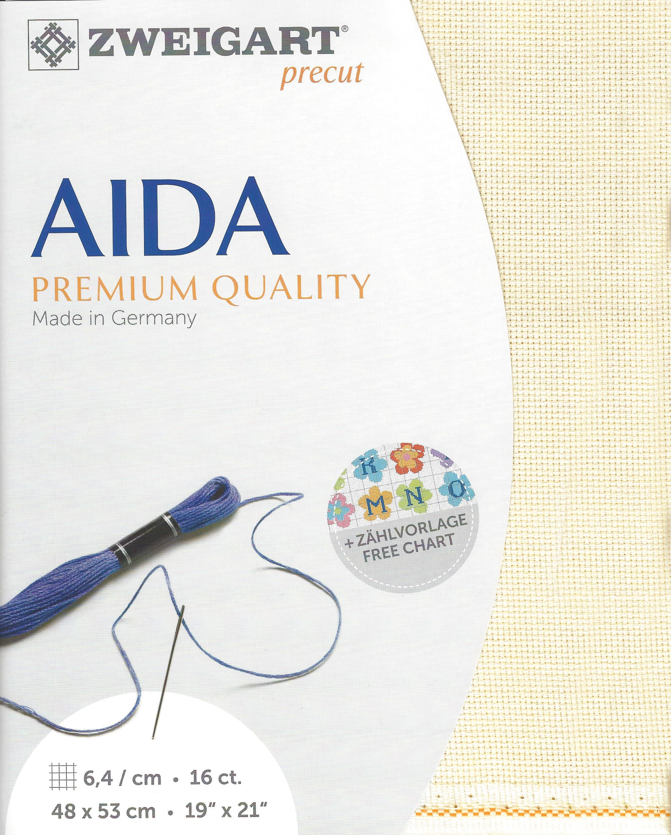 Precut Zweigart Aida 3251/264 Ivory canvas, 16 count, 100% cotton, measuring 48x53 cm, ideal for embroidery projects.