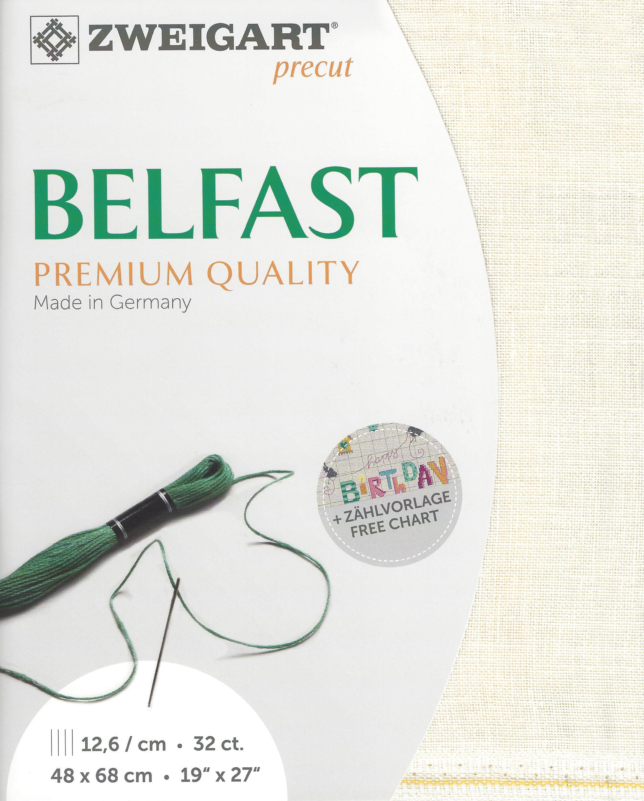 Precut Zweigart Belfast 32 count Fairy Dust linen fabric, showcasing its soft texture and beautiful color.