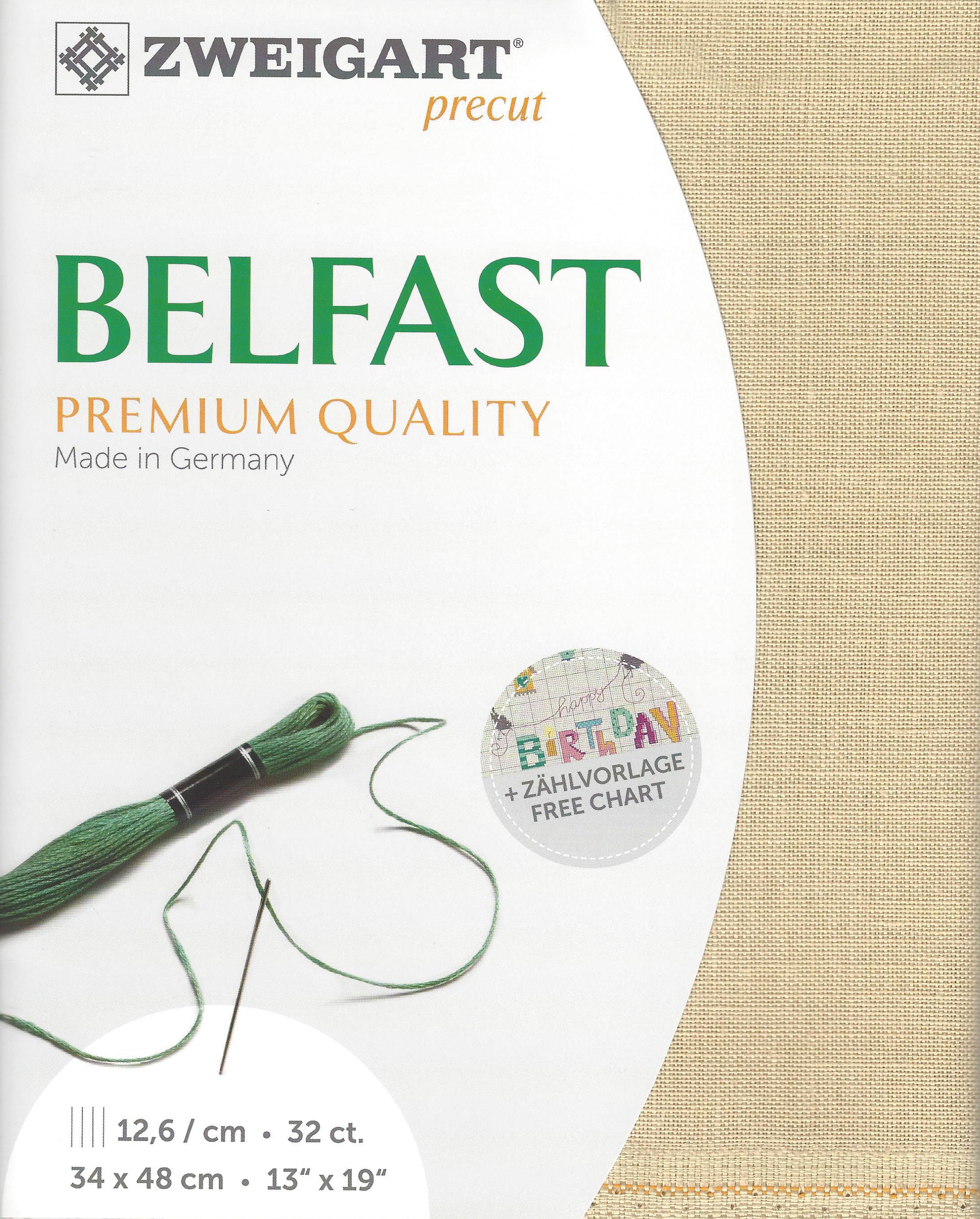 Precut Zweigart Belfast 3609/233 Antique Ivory canvas, 32 count, 100% linen, dimensions 48x68 cm, ideal for embroidery projects.