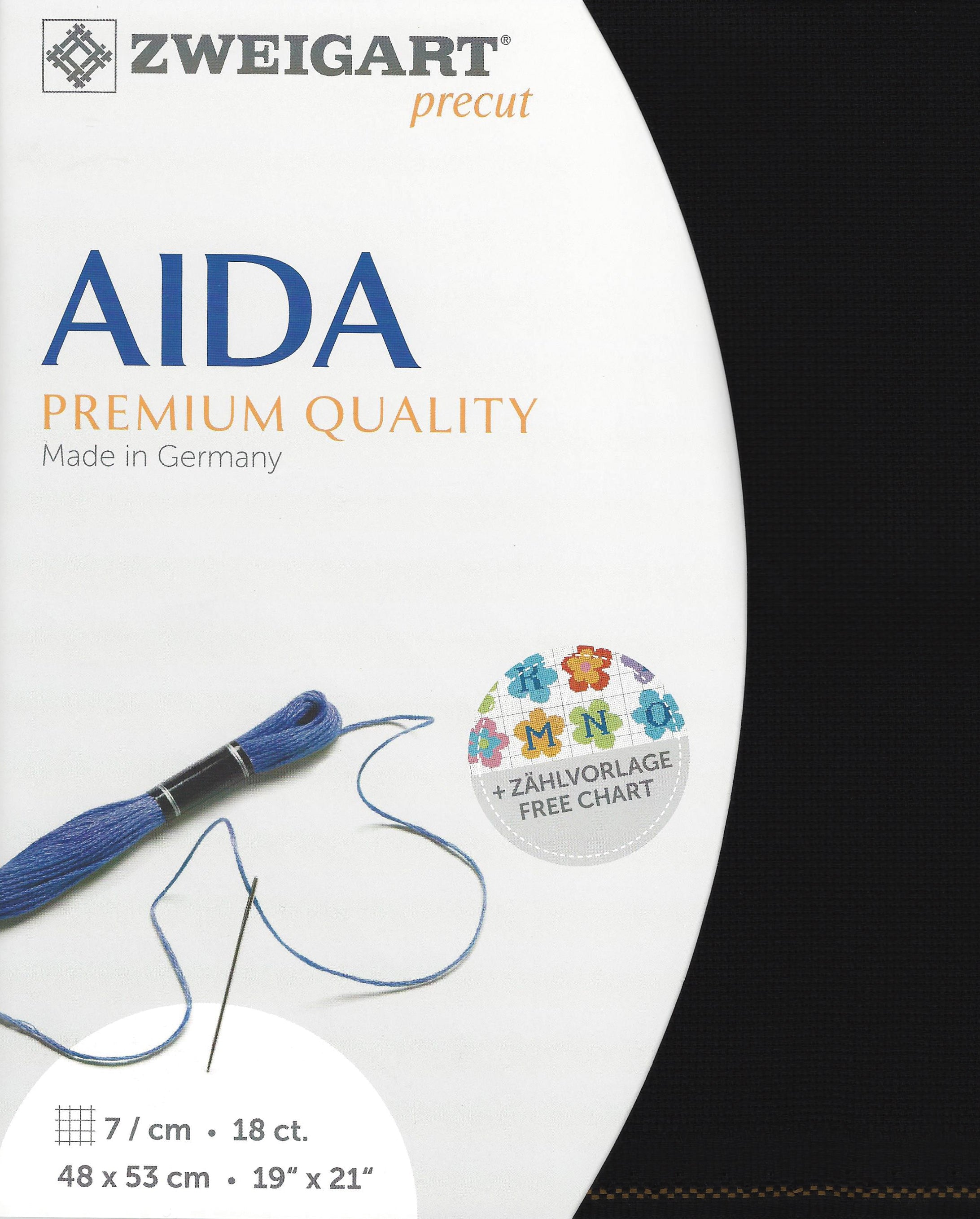 Precut Zweigart Fein-Aida 18 ct. fabric in black, measuring 48x53 cm, ideal for embroidery projects.