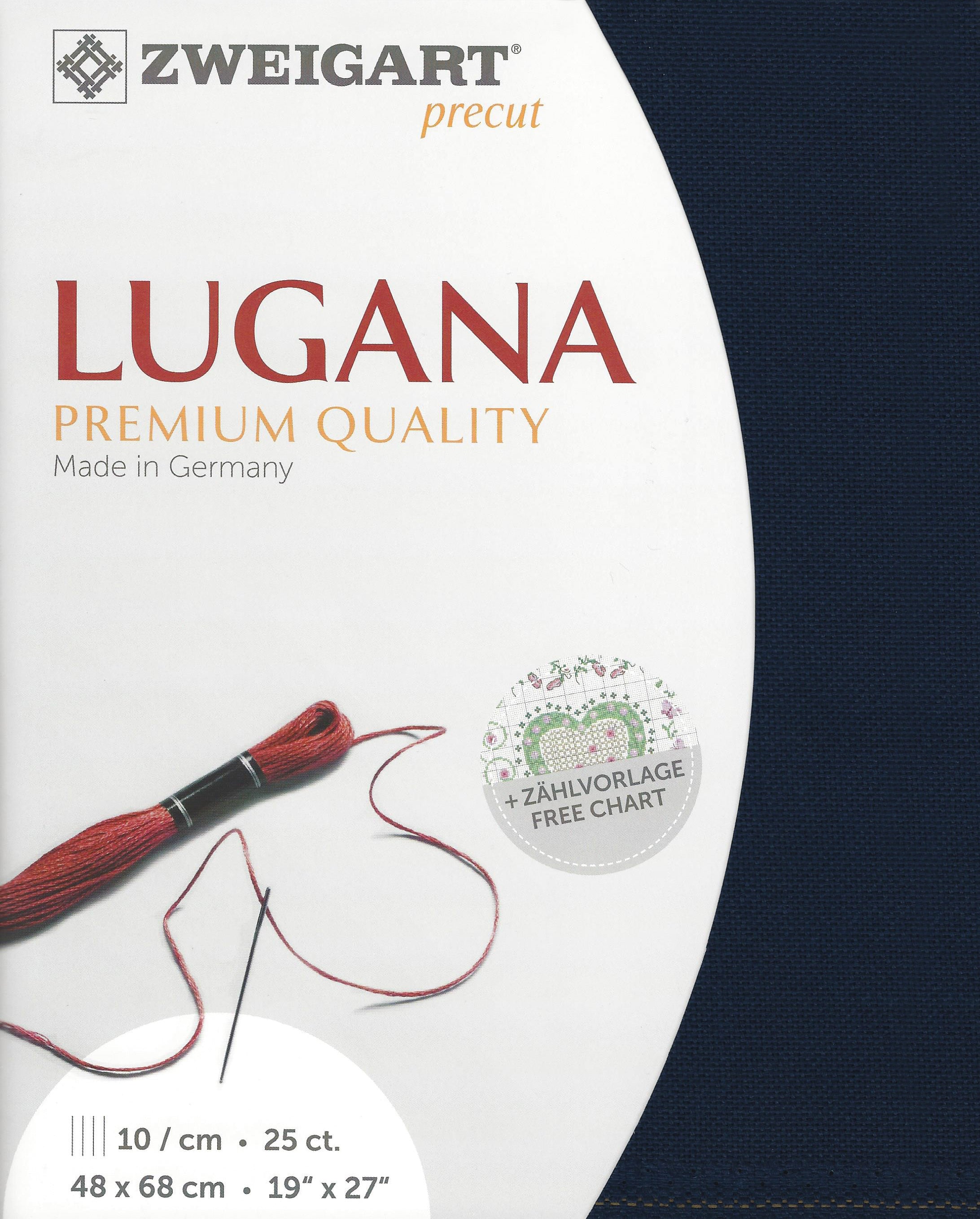 Precut Zweigart Lugana 25 count fabric in Navy Blue, measuring 48x68 cm, ideal for embroidery projects.
