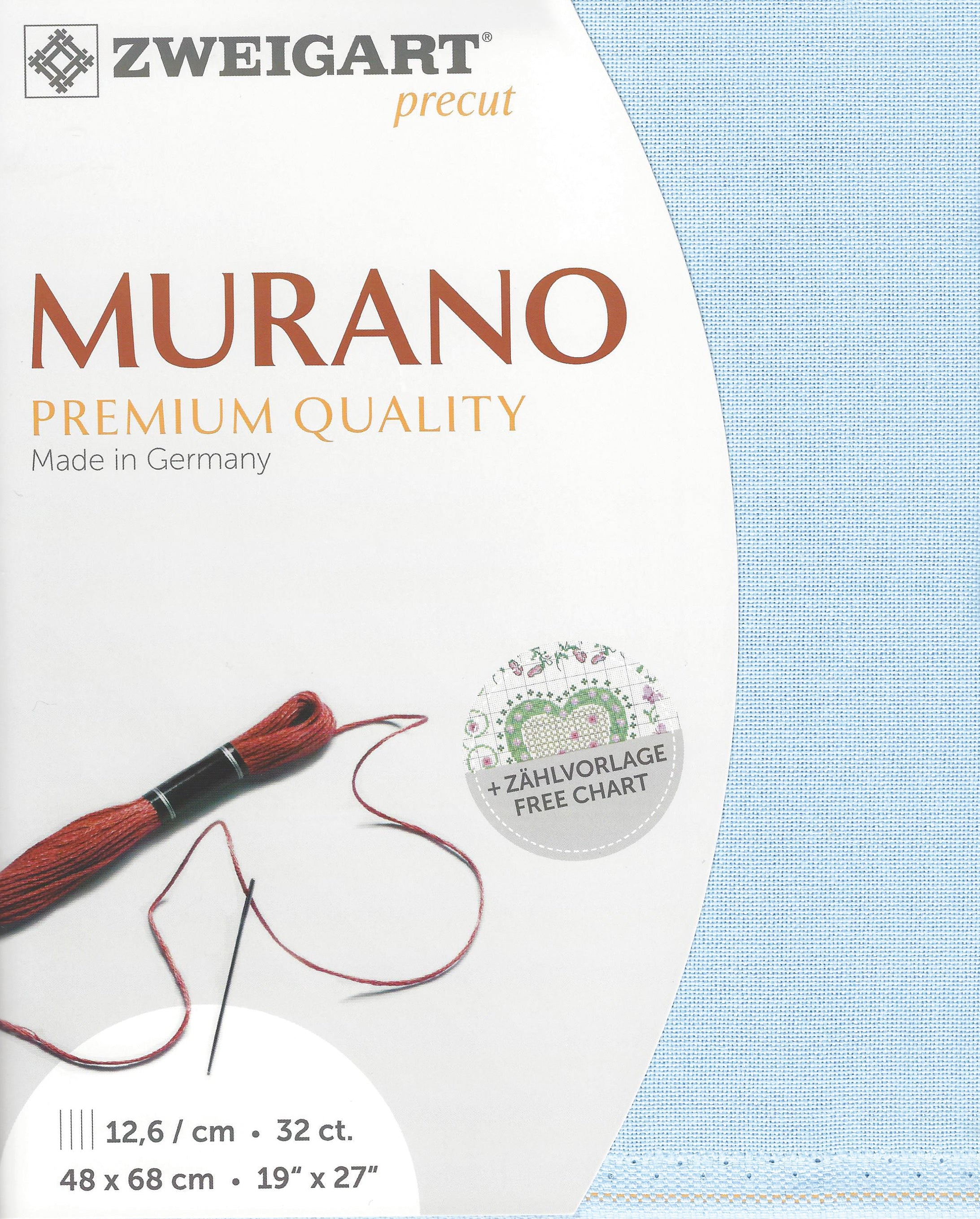 Precut Zweigart Murano 32 count Light Blue fabric, showcasing its soft texture and vibrant color.