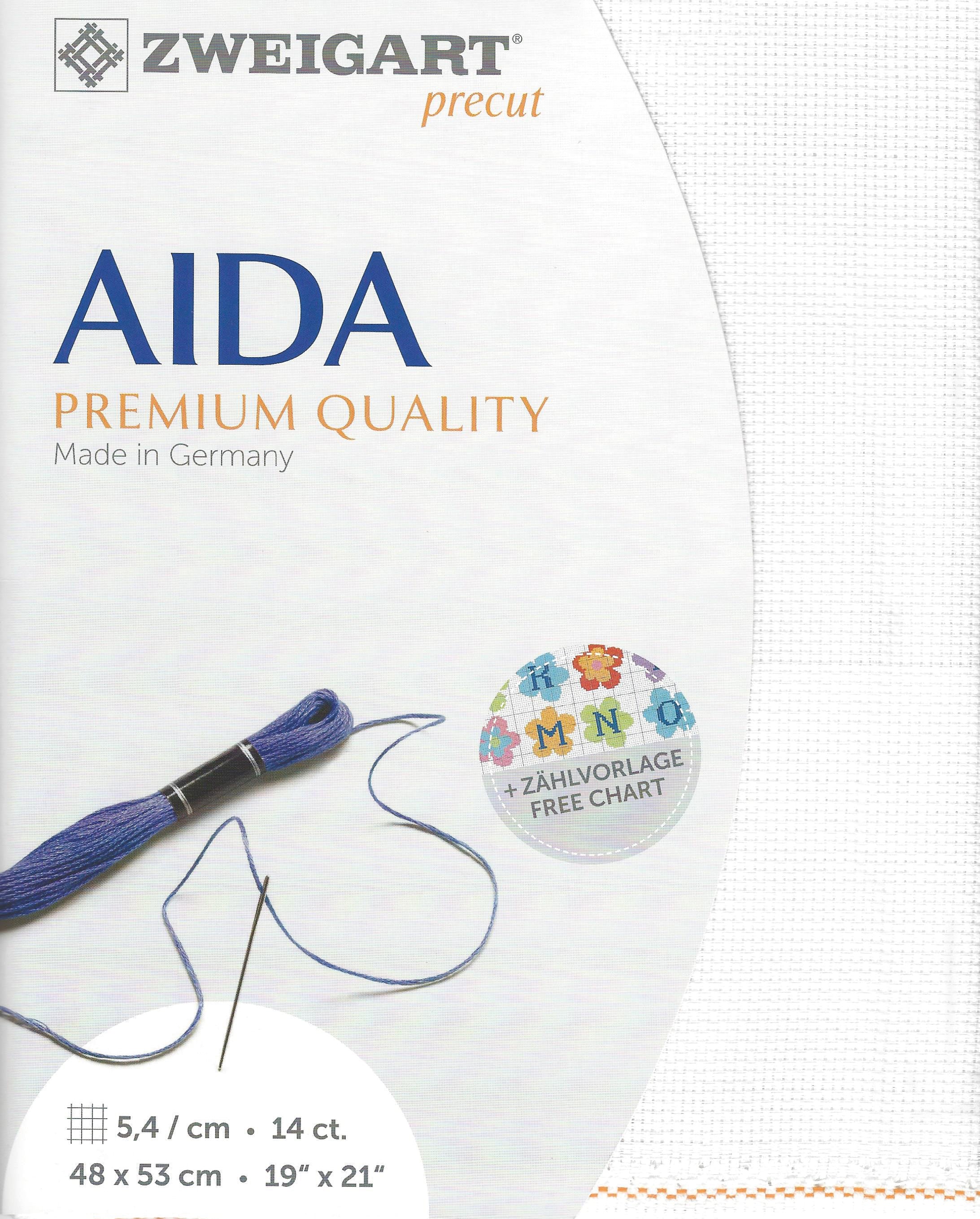 Precut Zweigart Stern-Aida 3706/100 White AIDA canvas, 14 count, 100% cotton, dimensions 48x53 cm, ideal for embroidery projects.