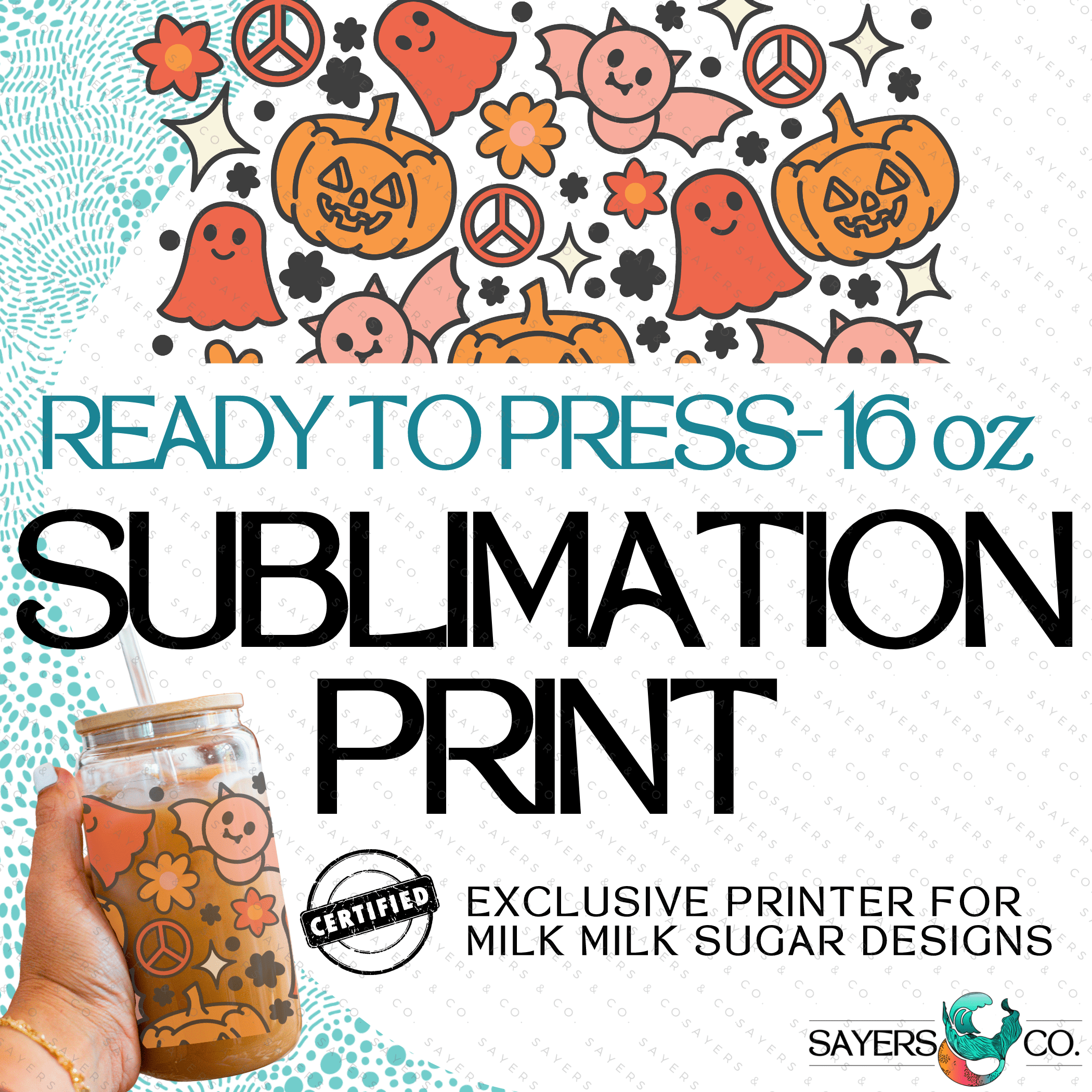 Colorful Halloween sublimation transfer featuring groovy bats and ghosts for custom cup designs.