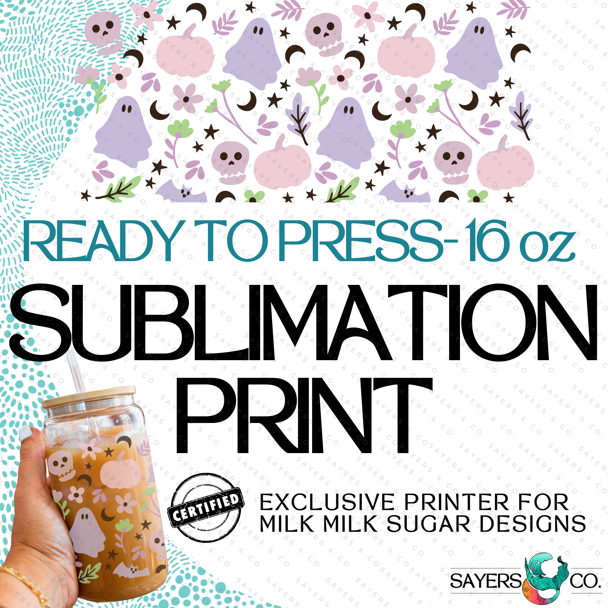 PRINTED Sublimation Transfer featuring Milk Milk Sugar design with Halloween themes like ghosts and pumpkins.