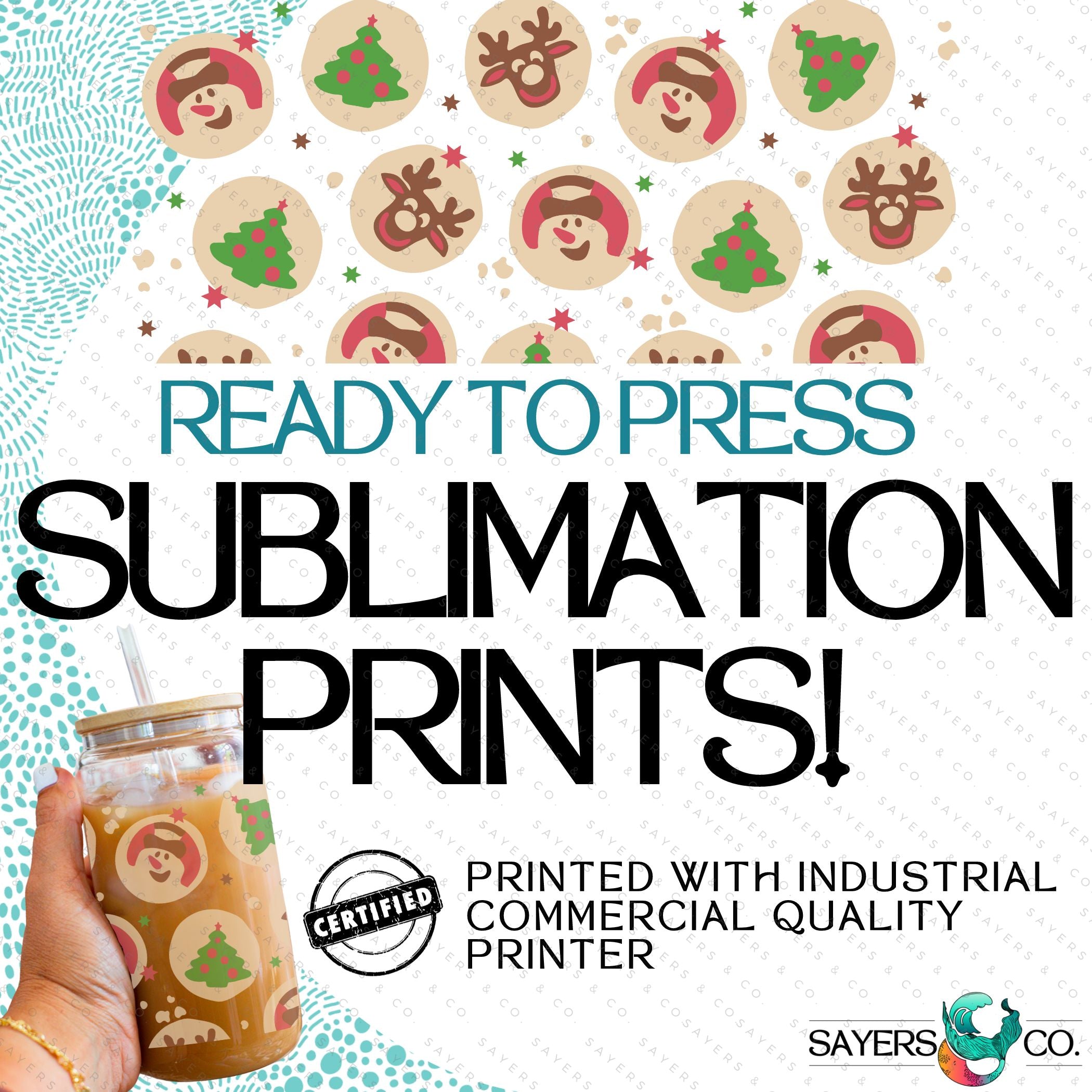 PRINTED Sublimation Transfer featuring Milk Milk Sugar designs for Christmas cups, showcasing festive cookie illustrations.