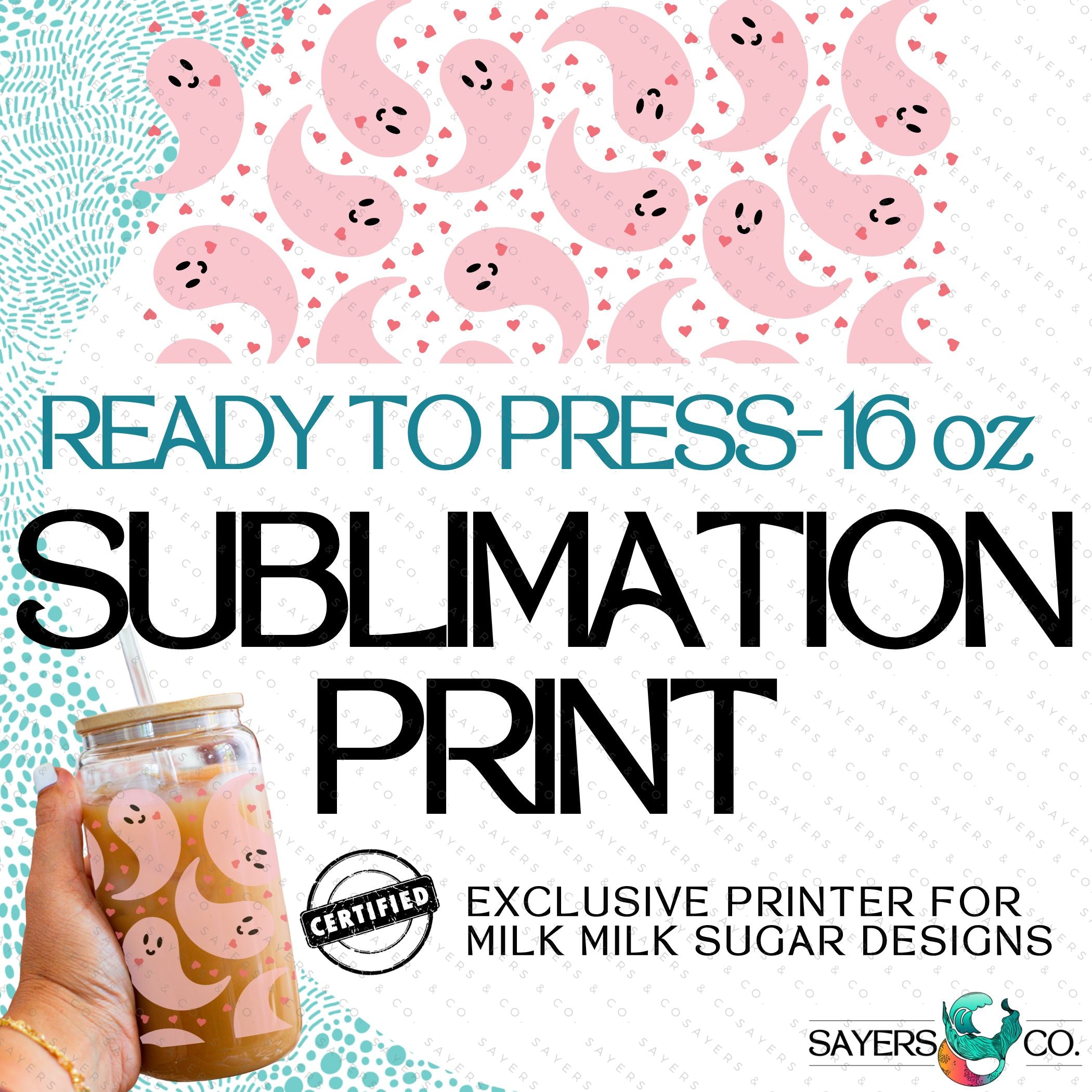 Cute Halloween sublimation transfer featuring pink ghosts for custom cup designs.