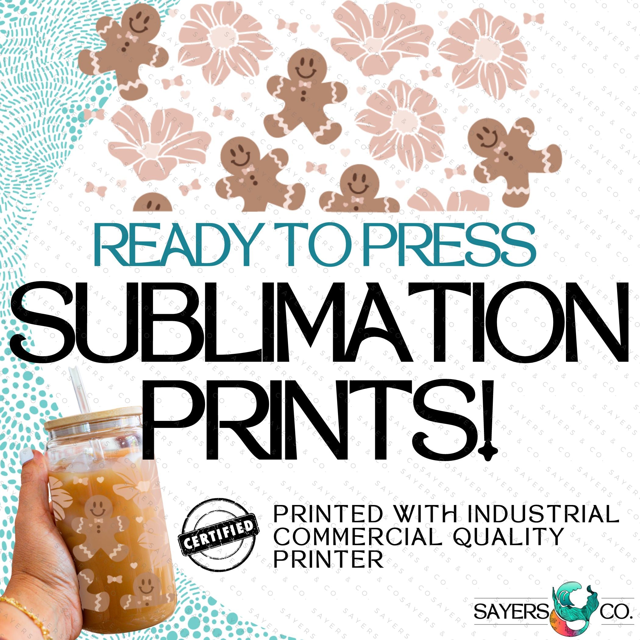 PRINTED Sublimation Transfer featuring a festive gingerbread and floral design for Christmas cups.