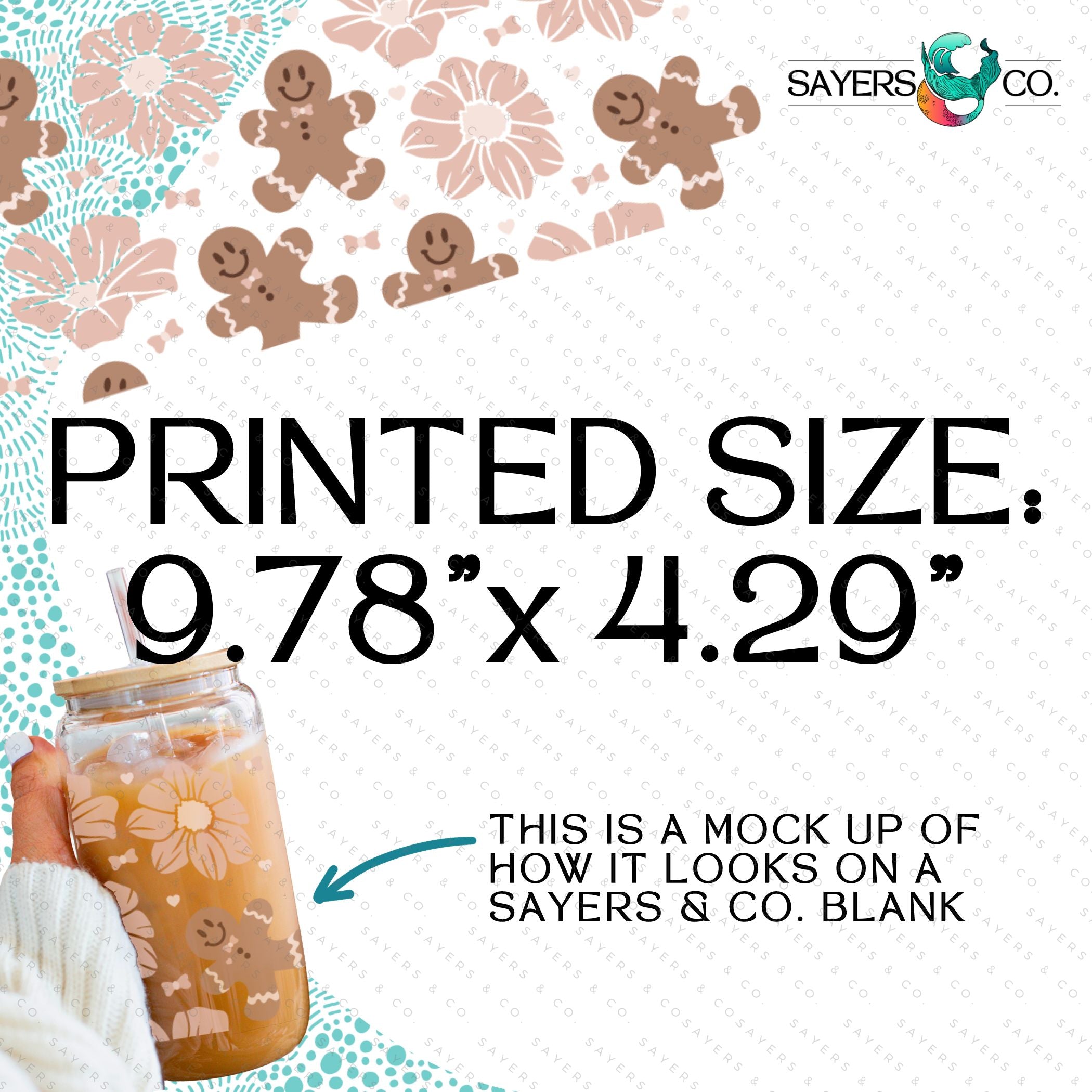 PRINTED Sublimation Transfer featuring a festive gingerbread and floral design for Christmas cups.