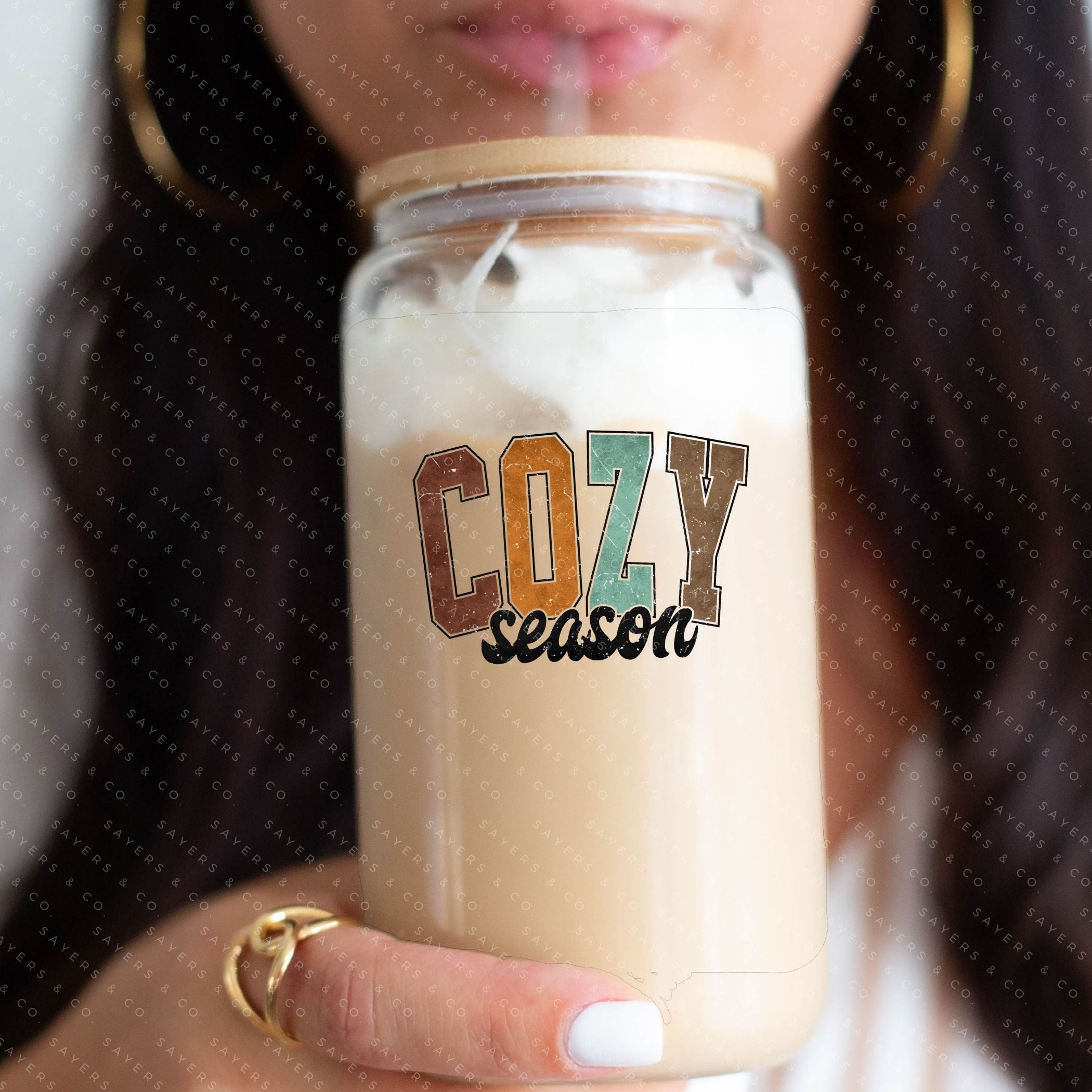 Cozy Season 16oz tumbler featuring printed sublimation transfer design with autumn vibes.