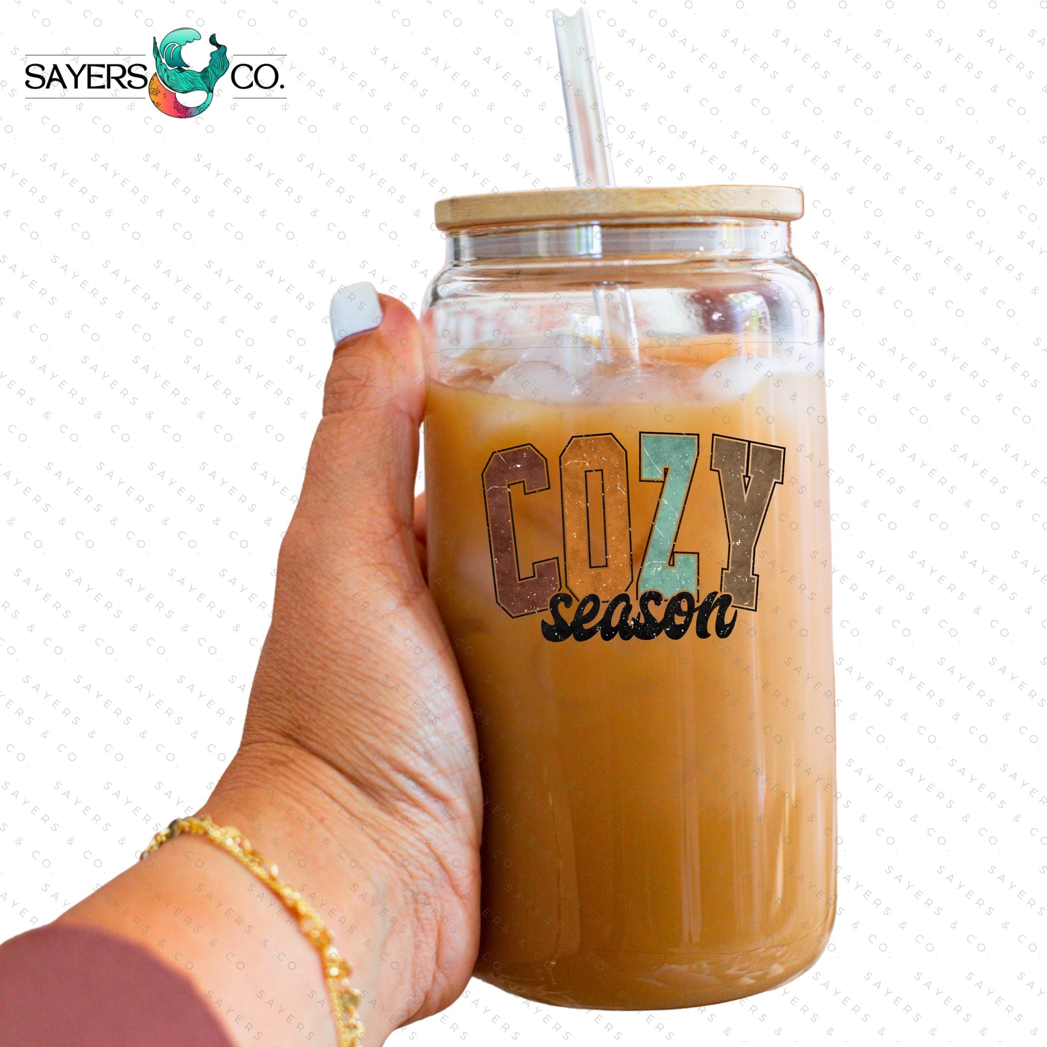 Cozy Season 16oz tumbler featuring printed sublimation transfer design with autumn vibes.