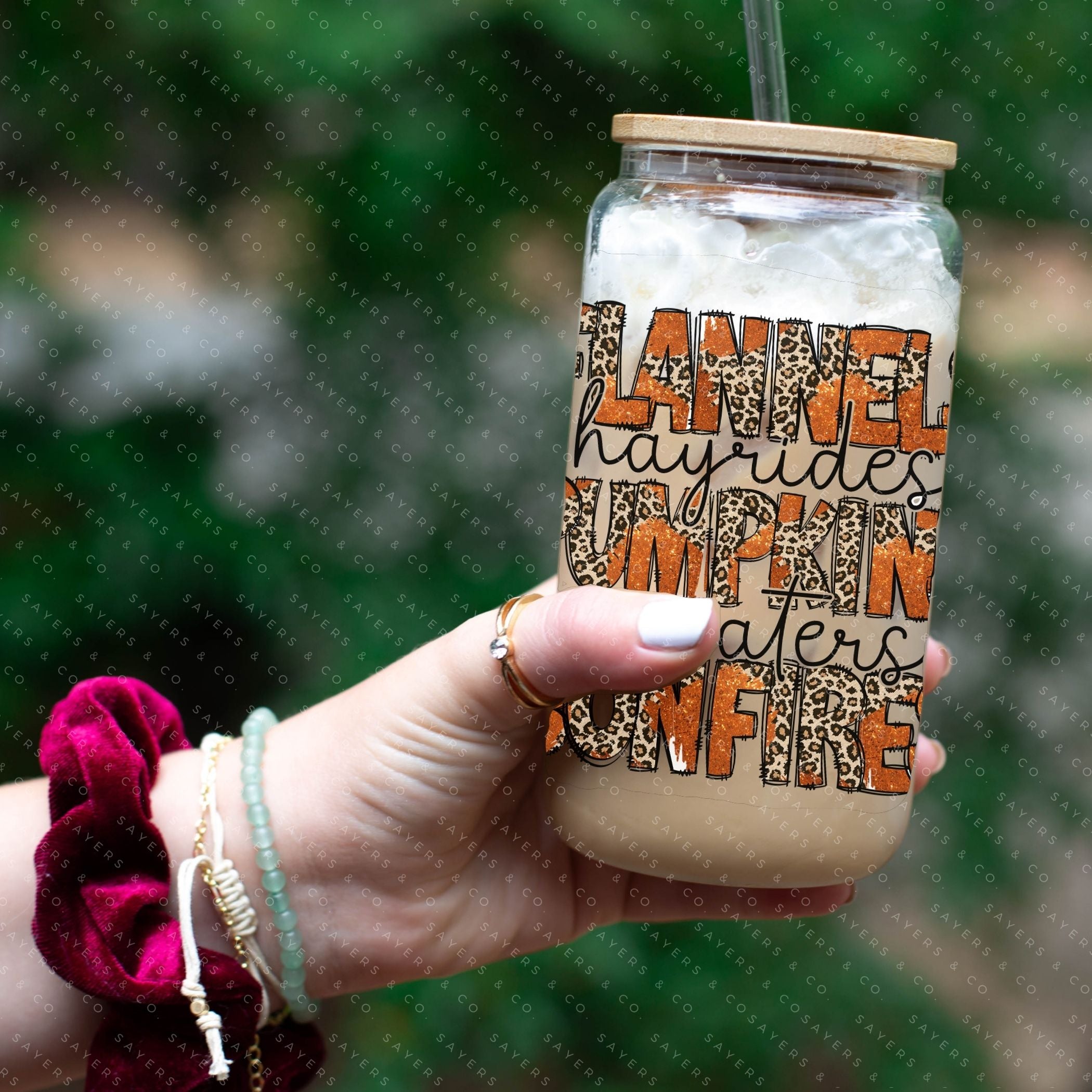 16oz printed sublimation transfer featuring a fall design with autumn elements, perfect for tumblers and drinkware.