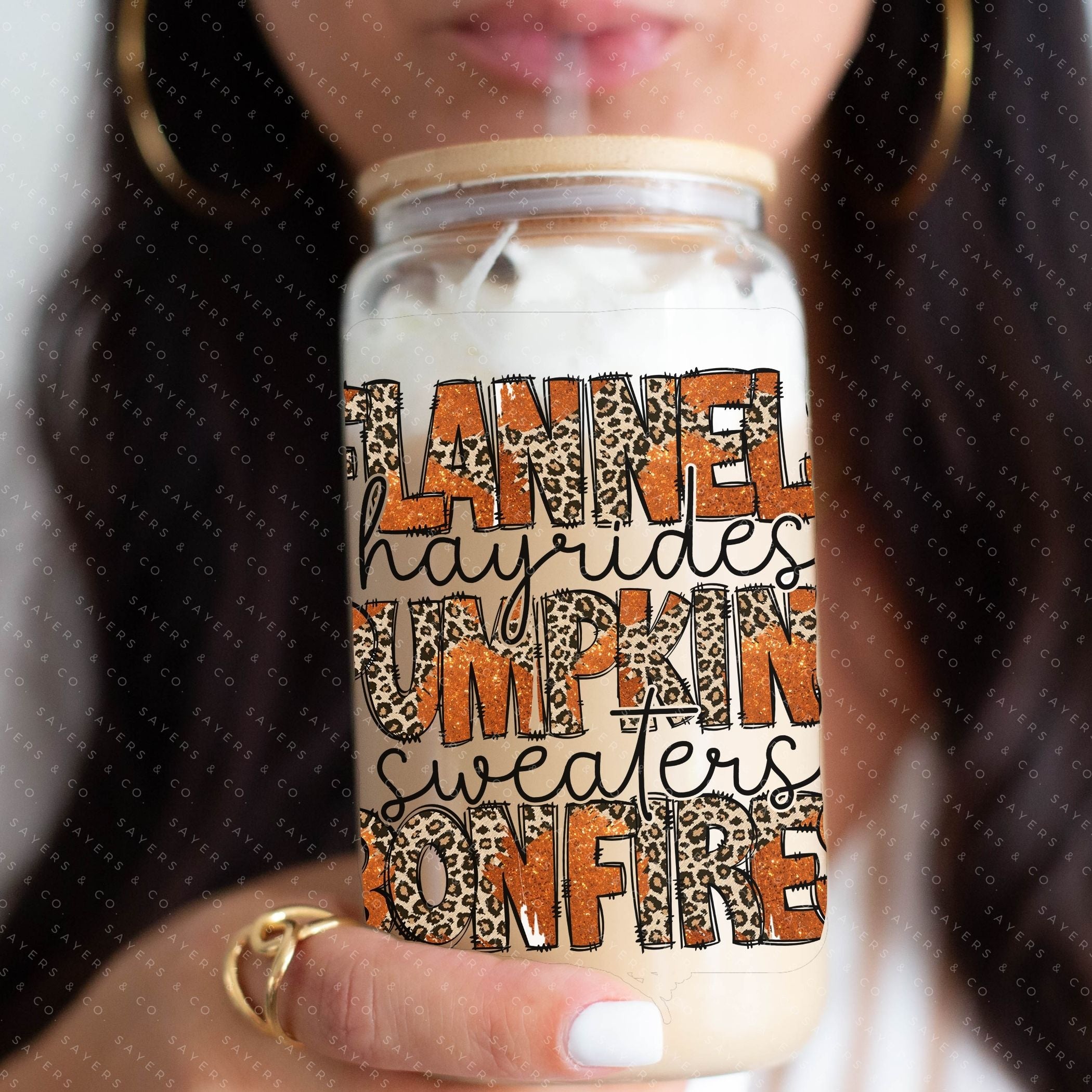 16oz printed sublimation transfer featuring a fall design with autumn elements, perfect for tumblers and drinkware.